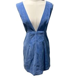 PrettyLittleThing Denim-Effect Deep V Mini Dress in Blue